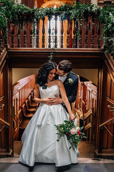 A bride and groom in Trades Hall